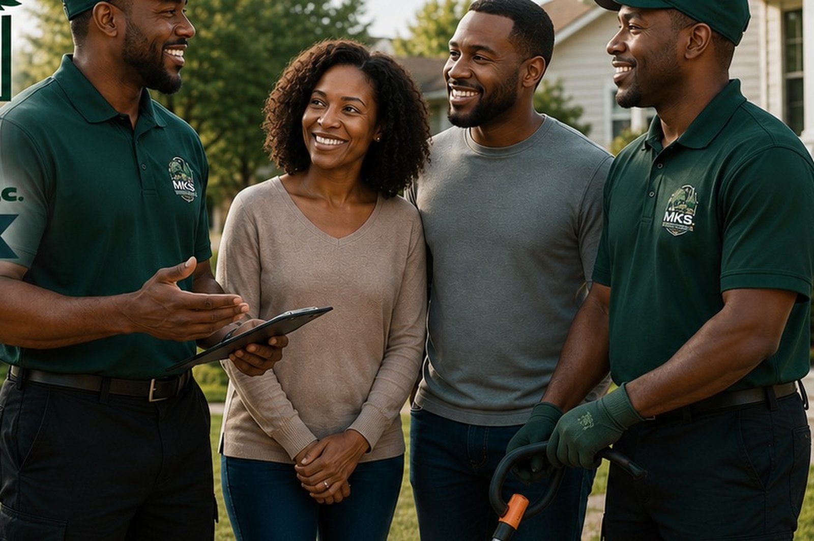 MKS Property Preservation crew members speaking with happy homeowners on a well-kept lawn